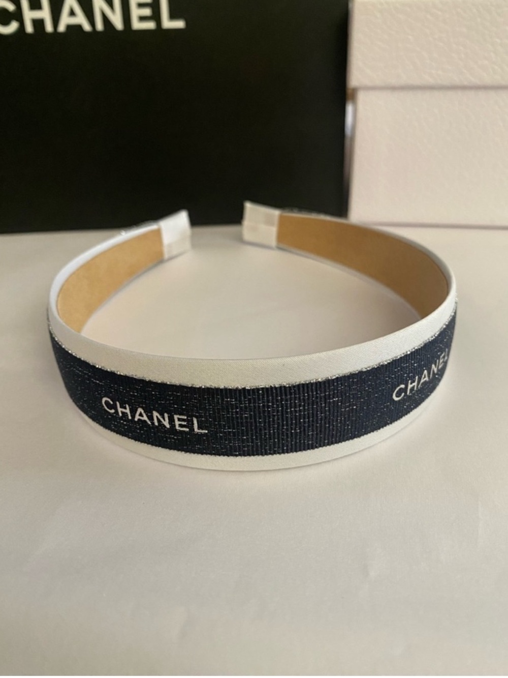 CHANEL Ribbon Shimmering Navy and White Logo Headband